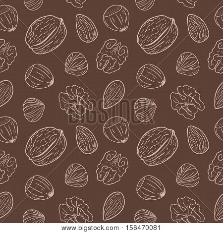 Seamless pattern with assorted nuts: walnuts, almonds, hazelnuts. Whole and shelled nuts mix. Vector hand drawn seamless pattern for packaging, textile, interior, background and other designs.