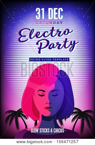 Electro party poster. Retro 80s neon background. Disco flyer template. Voman face. Tv glitch effect