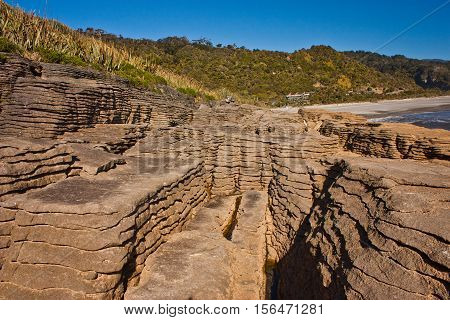 Geological formation near Punakaiki town in New Zealand