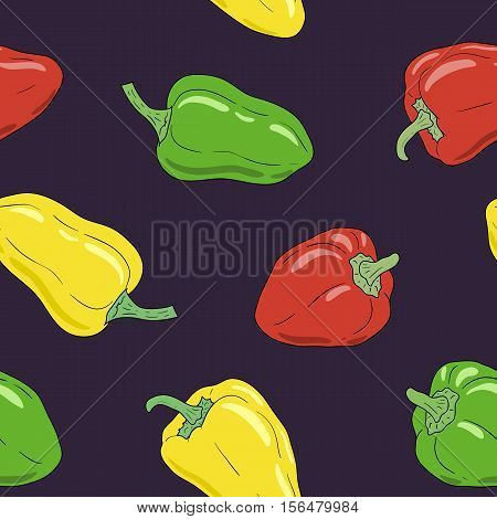 Fresh vibrant ripe yellow, green and red bell pepper on white background. Hand drawn paprika pattern. Vector seamless pattern, eps10. For backgrounds, wallpapers, wrapping paper, textile.
