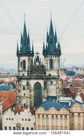 View over Church of Our Lady before Tyn in the Old Town Square in historic center of Prague from the Old Town Hall Tower