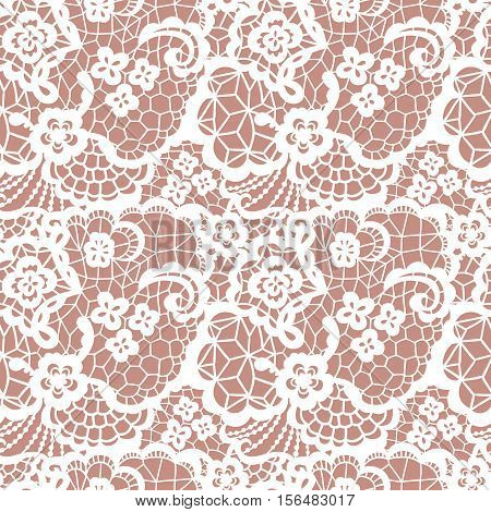 White lace seamless pattern with flowers on beige background