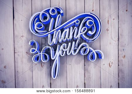 Digitally generated image of thank you text over white screen against wooden background