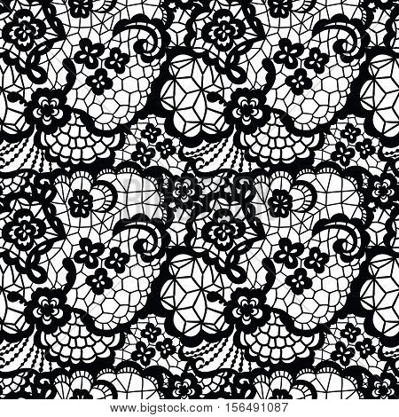 Lace black seamless pattern with flowers on white background