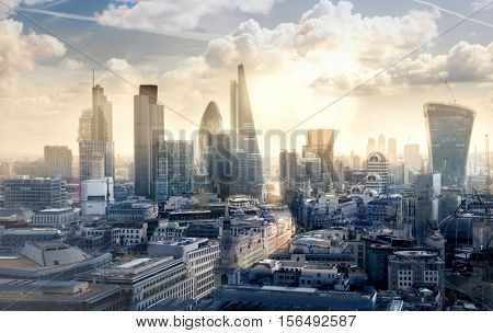 London view at sunset. View on business modern district