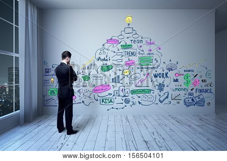 Thoughtful businessman in interior with night city view looking at wall with dran business sketch. Brainstroming concept