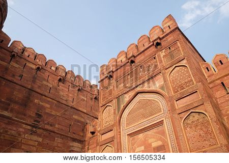 AGRA, INDIA - FEBRUARY 14: Red Agra Fort in Agra. Uttar Pradesh, UNESCO World heritage site, India on February 14, 2016.