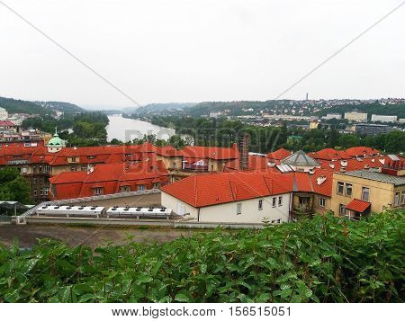 View of the city of Prague. walk around the city in the summer