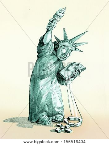 Statue Liberty looks shocked the woman's symbol that has dropped on the ground and that is now broken into many pieces