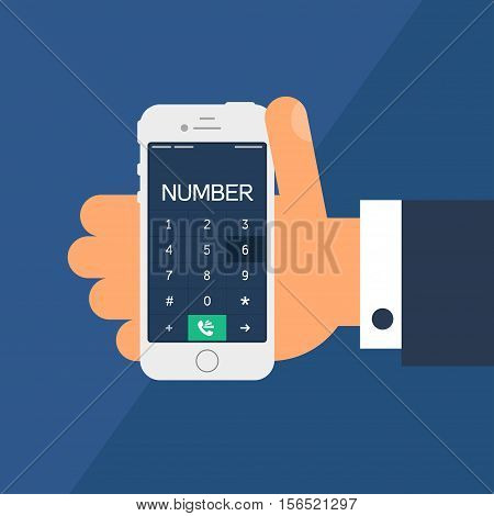Social Life with Smartphone Dial. Telephone in hand and smartphone screen with number in flat minimalistic style. Vector