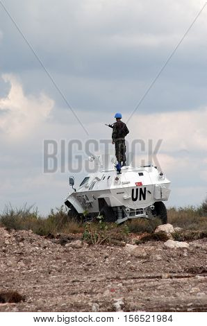 TYR, LEBANON-OCTOBER 21: Unidentified Turkish UN vehicle on patrol on October 21, 2006 in Tyr, Lebanon