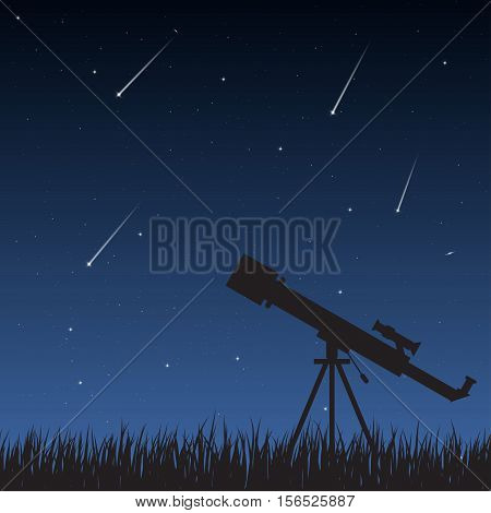 Telescope standing on the grass looking to the night sky with stars milky way and meteors.