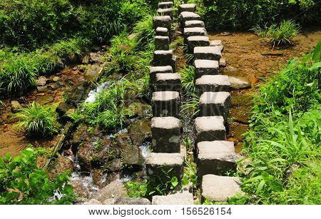 A stone stepping path across a small clear brook in the Wuyishan or Mount wuyi scenic area in Wuyi China in fujian province.