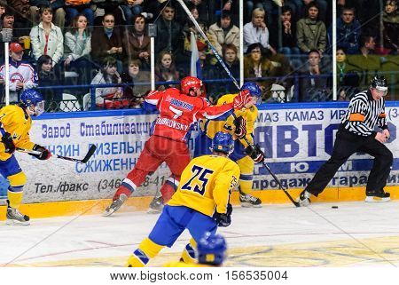 Tyumen, Russia - April 19, 2008: International hockey tournament among youth teams till 20 years Tournament of four nations. Final. Teams of Russia and Sweden