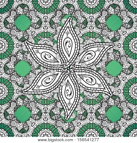 Seamless background. Circle flower mandalas seamless pattern in black white and green raster
