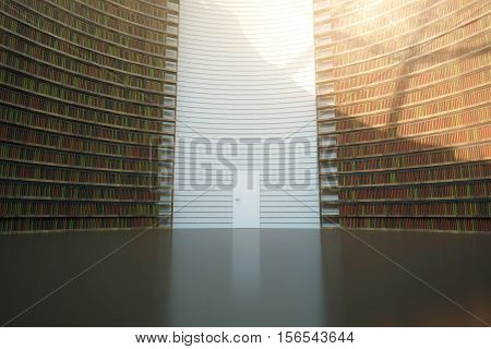 Abstract interior with bookshelf walls and door. Knoweldge concept. 3D Rendering