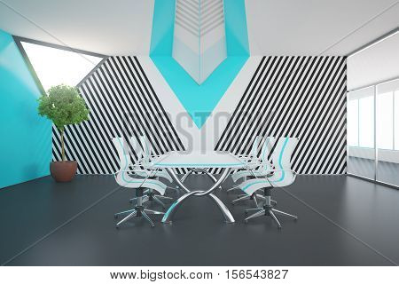 Modern blue conference roon interior with equipment and daylight. 3D Rendering