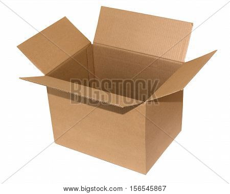 Opened cardboard box isolated on white background.