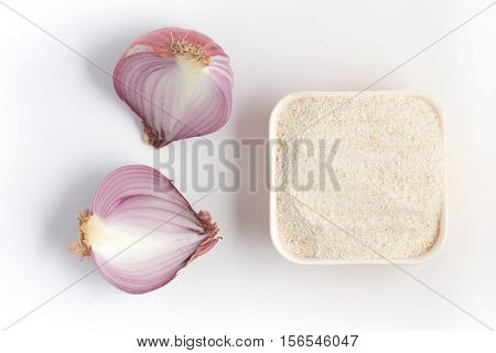 Cooking Brazilian Farofa. Manioc Flour. Farinha de Mandioca on white background