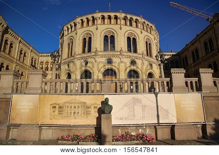 OSLO NORWAY - AUGUST 17 2016: Norwegian parliament designed by Swedish architect Emil Victor Langlet. Stortinget Oslo in central Oslo Norway on August 172016.