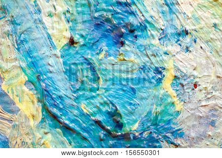 Oil Painting close up texture pallete knife storkes of blue and  turquoise and white color