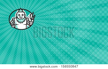 Business card showing Illustration of a robotic poseidon holding trident facing front set inside oval shape done in retro style.