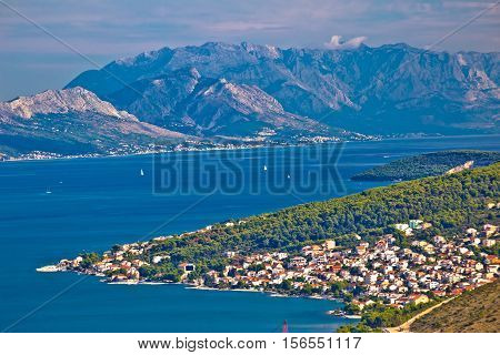 Island of Ciovo and Biokovo mountain aerial view Dalmatia Croatia