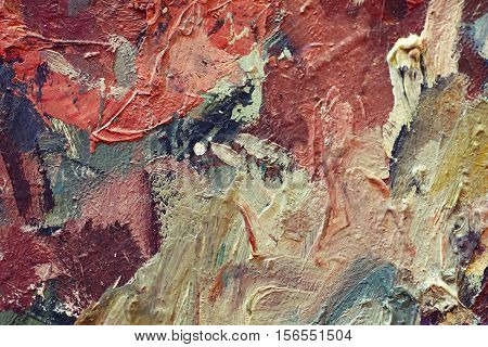 Oil Painting colorfull  close up texture pallete knife storkes of brown yellow  gray red green blue white color
