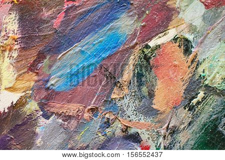 Oil Painting colorfull  close up texture pallete knife storkes of brown yellow  gray red green blue white color
