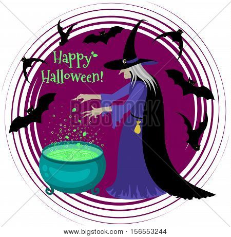 Old scary witch cooks a potion in a cauldron. Happy Halloween poster. Cartoon Halloween character.