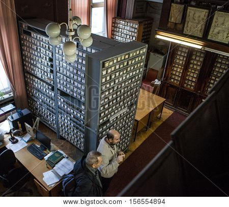 St. Petersburg Russia -22 October 2014: All-Russian Research Institute of Plant Vavilov. State Research Center. Catalog storage workers collections