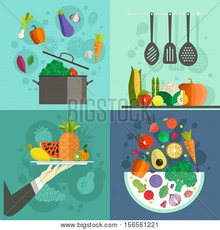 Collection of banners with healthy food for culinary school, healthy diet illustration or restaurant menu. Healthy vegetables and fruits. Vector flat art.