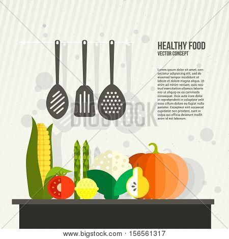 Conceptual illustration of healthy food made in flat style vector. Modern kitchen illustration with place for your text.