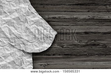 Breast health concept as crumpled paper shaped as a mammary gland on rustic wood representing female medical issues related to breast feeding or cancer in a 3D illustration style.
