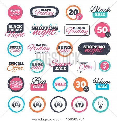 Sale shopping stickers and banners. Laurel wreath award icons. Prize cup for winner signs. First, second and third place medals symbols. Website badges. Black friday. Vector