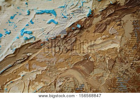 Oil Painting close up texture pallete knife storkes of brown yellow  gray and white color