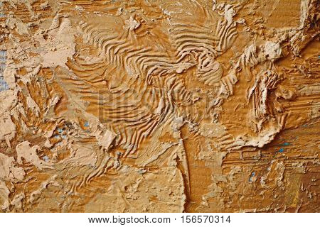 Oil Painting close up texture pallete knife storkes of brown yellow  gray and white color