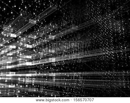 Abstract blurred background - computer-generated image. Fractal art: rectangle grid with perspective, stars and lighting dots like falling snow. Technology concept or hollyday backdrop.