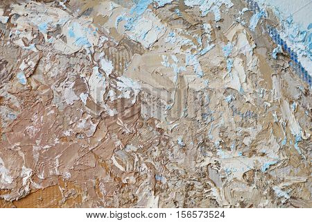Oil Painting close up texture pallete knife storkes of blue and brown and white color water