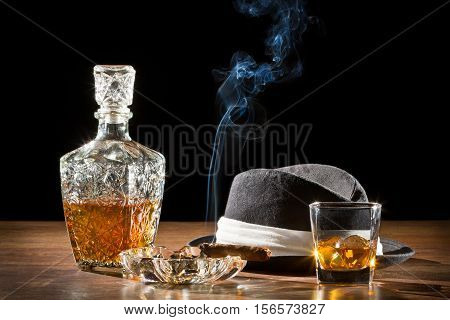 Retro Hat, Smoking Cigar And Whisky On Rock