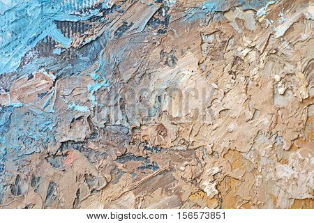 Oil Painting close up texture pallete knife storkes of blue and brown and white color water
