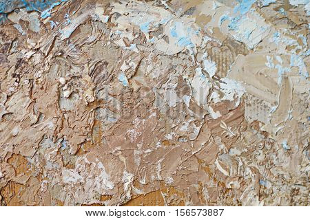 Oil Painting close up texture pallete knife storkes of blue and brown and white color water