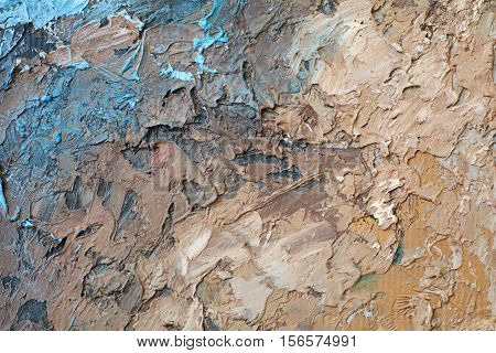 Oil Painting close up texture pallete knife storkes of blue and brown and white color water