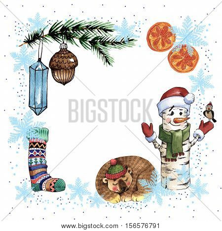 Christmas winter holiday symbol frame in a watercolor style isolated. 2017 cock year, happy holidays. Aquarelle christmas card for background, texture, wrapper pattern, frame or border.