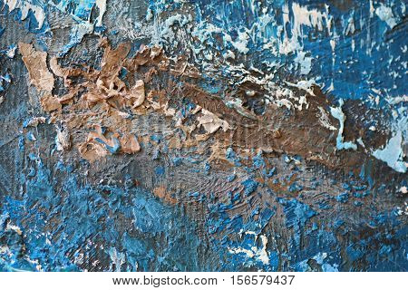 Oil Painting close up texture pallete knife storkes of blue and brown and white color