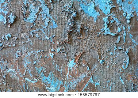 Oil Painting close up texture pallete knife storkes of blue and brown and white color