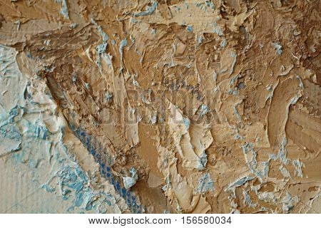 Oil Painting close up texture pallete knife storkes of blue and brown and white color