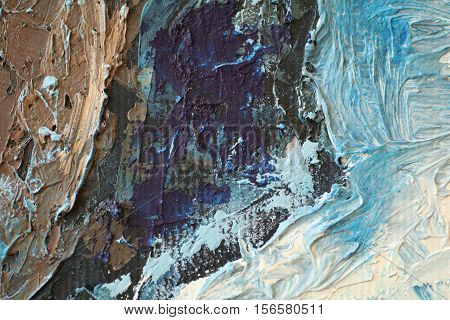 Oil Painting close up texture pallete knife storkes of blue and brown and white color