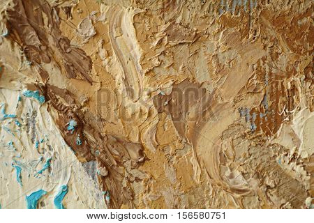 Oil Painting close up texture pallete knife storkes of blue and brown and white color