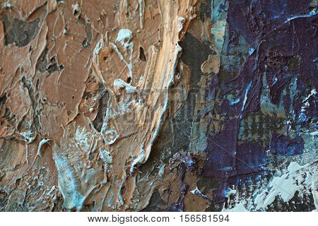 Oil Painting close up texture pallete knife storkes of dark blue and brown and white color